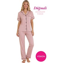 Seamlife Kadın Pudra Önden Düğme Gömlek Yaka Saten Biyeli Göğüs Cepli Viskon Kısa Kol Pijama Takımı