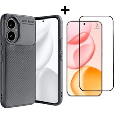 Coolacs Honor 400 ile Uyumlu Karbon Tasarım Silikon Telefon Kılıfı ve Temperli Cam Ekran Koruyucu