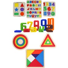 Lina Hobby 7 Parça Dev Eğitici Set - Ahşap Tabanlı ve Pla Renkli Parçalar Harf Sayı - Tangram - Puzzle