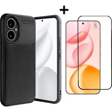 Coolacs Honor 400 ile Uyumlu Karbon Tasarım Silikon Telefon Kılıfı ve Temperli Cam Ekran Koruyucu