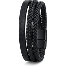 Elegantrend Erkek Siyah Deri Bileklik Çoklu Katlı Örgü Model Çelik Kilitli Spor Bileklik