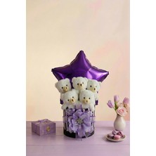 Livra Gift Kadınlar Gününe Özel Mor Yıldız Balonlu 5'li Peluş Ayıcık Buketi - Özel Tasarım Hediye Kutusunda