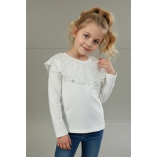 Zubi Baby & Kids Wear Kız Çocuk Geniş Dantel Yakalı Beyaz Bluz (5-14 Yaş)