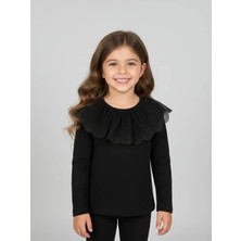 Zubi Baby & Kids Wear Kız Çocuk Geniş Dantel Yakalı Siyah Bluz (5-14 Yaş)