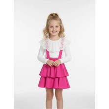 Zubi Baby & Kids Wear Kız Çocuk Dantel Yakalı Pembe Katlı Salopet Etek Takım (5-14 Yaş)
