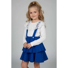 Zubi Baby & Kids Wear Kız Çocuk Beyaz Dantel Yakalı Saks Mavi Katlı Salopet Etek Takım (5-14 Yaş)