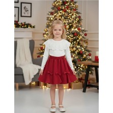 Zubi Baby & Kids Wear Kız Çocuk Beyaz Dantel Yakalı Fiyonk Detaylı Kırmızı Etek Takım (5-14 Yaş)