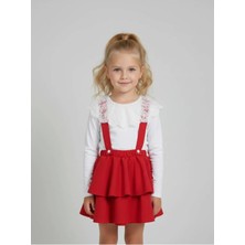 Zubi Baby & Kids Wear Kız Çocuk Dantel Yakalı Kırmızı Katlı Salopet Etek Takım (5-14 Yaş)