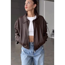 Prifaldi Belize Oversize Bomber Belden Lastikli Kahverengi Deri Ceket