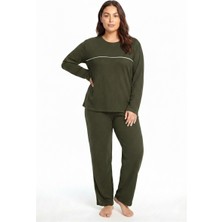 Modaserdem Akbeniz Büyük Beden Şerit Detaylı Kalın Uzun Kollu Kadın Pijama Takımı  Haki