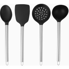 "4’lü Silikon ve Paslanmaz Çelik Mutfak Seti – Isıya Dayanıklı Kepçe, Spatula, Kevgir ve Büyük Servi