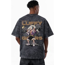 Sevbano One Piece Monkey D. Luffy Gear 5 Fitness Gym Anime Baskılı Unisex Oversize Eskitme Yıkamalı Tişört
