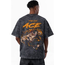 Sevbano One Piece Fire Fist Ace Portgas D. Ace Anime Baskılı Unisex Oversize Eskitme Yıkamalı Tişört