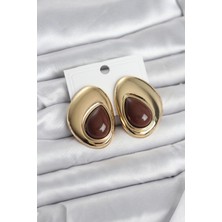 Erbilden Erb Pirinç Gold Renk Kahverengi Taşlı Damla Model Vintage Kadın Küpe