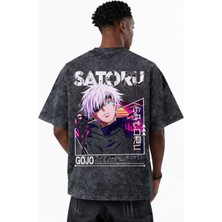 Sevbano Tasarım Gojo Satoru Jujutsu Kaisen Anime Baskılı Unisex Oversize Eskitme Yıkamalı Tişört