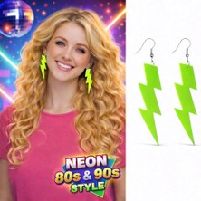 Mey İthalat Mey Ithalat® 80’ler 90&amp;#39;lar Retro Neon Yeşil Şimşek Küpe 10 cm
