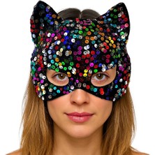 İlk El Grup Ieg™ Siyah Kadife Kumaş Üzerine Rengarenk Payetli Pullu Parti Maskesi 16X14 cm