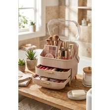 Özgürce Şeffaf 3 Katlı Kubbeli Makyaj Organizeri, Kapaklı ve Çekmeceli Düzenleyici