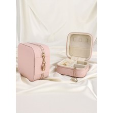 Özgürce Pudra Pembesi Takı Organizer Kutusu, Seyahat Aksesuar Düzenleyici, 11X11X7 cm