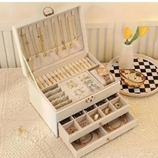 Özgürce 3 Katlı Modern Takı Organizer, Kilitli Suni Deri Takı Kutusu 23X13X17 cm