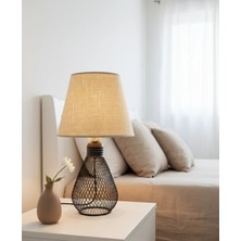 Decodelight Siyah Hasır Tel Ampul Model Metal Ayaklı Hasır Açık Kahve Kumaş Şapkalı Abajur Masa Lambası