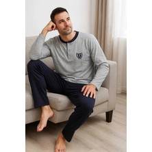 Tenra Erkek Pijama Takımı Uzun Kol %100 Pamuk Düz Desenli Gri Renk Konforlu Tasarım