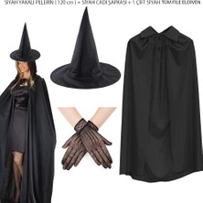 İlk El Grup 120 cm Siyah Yakalı Cadı Pelerini Cadı Şapkası ve 1 Çift Siyah Kısa File Tüm Eldiven Seti 3