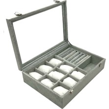 Özgürce Gri Renkli Cam Kapaklı Çok Bölmeli Şık Takı Organizer