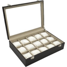 Özgürce Şık 15'li Cam Kapaklı Saat Kutusu, Damalı Rugan Kahve Deri Organizer