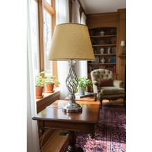 Decodelight Gümüş Gri Burgulu Taşlı Metal Ayaklı 30'luk Hasır Açık Kahverengi Kumaş Şapkalı Abajur Masa Lambası