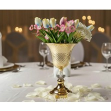 Decodelight Gold Dekoratif Desenli Metal Ayak Kristal Taş 20 cm Çapında Salon Düğün Nişan Vazo Masa Dekor