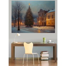 Mushen Studio Noel Ağacı Karlı Sokak Kanvas Tablo Yağlı Boya Efektli Kış Şehir Manzarası Duvar Dekoru