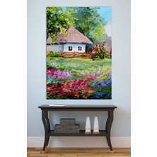 Mushen Studio Köy Evi Bahçe Manzarası Tablo - Yağlıboya Tarzı Çiçekli Kulübe Duvar Sanatı