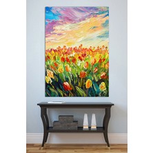 Mushen Studio Renkli Lale Tarlası Gün Batımı Tablo - Dokulu Yağlıboya Bahar Peyzaj Duvar Sanatı