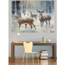 Mushen Studio Karlı Ormanda Geyik Ailesi Kanvas Tablo Yağlı Boya Efektli Doğa Peyzaj Duvar Dekoru