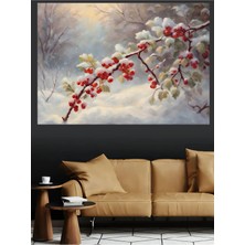 Mushen Studio Karlı Dallarda Kırmızı Meyveler Kanvas Tablo Yağlı Boya Efektli Kış Natürmort Duvar Dekoru