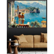 Mushen Studio Amalfi Sahili Balkon Çifti Kanvas Tablo Yağlı Boya Efektli Romantik Deniz Manzarası Duvar Dekoru