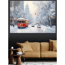 Mushen Studio Karlı Şehirde Tramvay Kış Manzarası Kanvas Tablo Yağlı Boya Efektli Şehir Duvar Dekoru