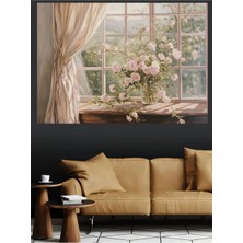Mushen Studio Pencere Kenarında Pembe Güller Natürmort Kanvas Tablo Yağlı Boya Efektli Romantik Duvar Dekoru