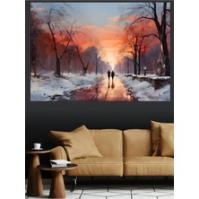 Mushen Studio Karlı Park Yolu Çift Silueti Kanvas Tablo Yağlı Boya Efektli Romantik Kış Duvar Dekoru