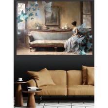 Mushen Studio Mavi Kelebekli Kadın Vintage Kanvas Tablo Büyük Boy Yağlıboya Tarzı Duvar Posteri Dekor