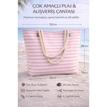 Fancy Kids Antalya Büyük Boy Yatay Çizgili Plaj Çantası 24 Litre Halat Saplı İç Cepli Çok Şık Ekru-Pembe