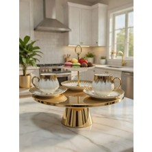 Vadi Lüks Gold Porselen 2'li Kahve Fincan Takımı + Şık 2 Katlı Gold Atıştırmalık Standı