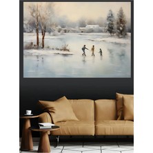 Mushen Studio Karlı Buzda Çocuklar Kayak Kanvas Tablo Yağlı Boya Efektli Kış Manzarası Duvar Dekoru