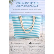 Fancy Kids Antalya Büyük Boy Yatay Çizgili Plaj Çantası 24 Litre Halat Saplı İç Cepli Çok Şık Ekru - Turkuaz