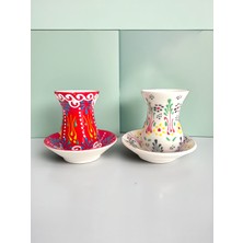 Artistic Quality Dekoratif 2 Kişilik Şık Lale Çini Tasarımlı Tamamen El Yapımı Çay Bardağı Seti