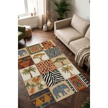 The Reef Design Safari Desenli Halı Etnik Patchwork Dijital Baskılı Kaymaz Yıkanabilir Bohem Salon ve Çocuk Halısı