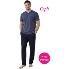 Tarık Homewear Erkek Mavi Desenli 3 Düğmeli %100 Pamuk Geniş Kalıp Kısa Kollu Cepli Pijama Takımı