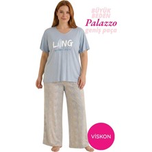 Seamlife Kadın Mavi Büyük Beden Yaprak Desenli Düğmesiz Viskon Kısa Kol Oversize Üst Palazzo Geniş Paça Homewear Pijama Takımı