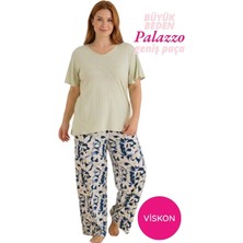 Seamlife Kadın Yeşil Büyük Beden Düğmesiz Viskon Kısa Kol Oversize Üst Palazzo Geniş Paça Homewear Pijama Takımı